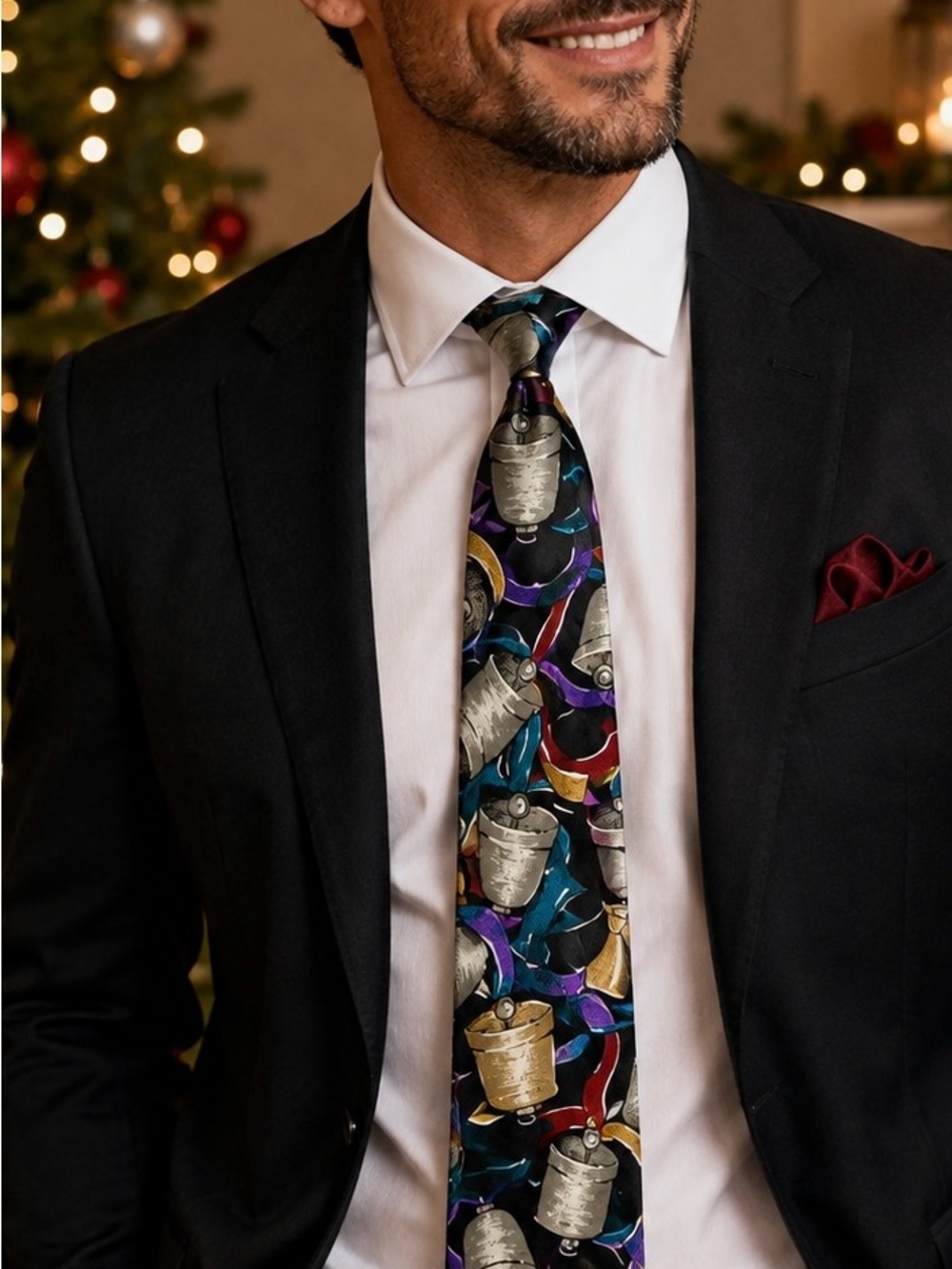 Wembley Christmas Bells Neck Tie Black Multicolor Novelty 100% Silk USA